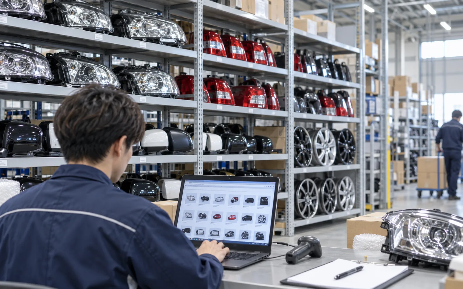 自動車中古部品が並ぶ倉庫で出品作業をするスタッフ